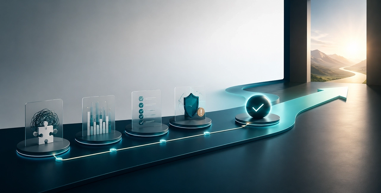 Conceptual image showing a decision design pathway connecting problem, data, criteria, risk and management action
