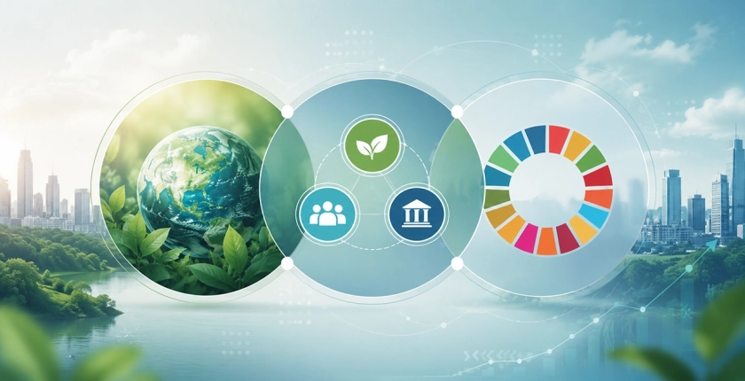 Conceptual image showing the difference and connection between ESG, SDGs and Sustainability in management decision-making