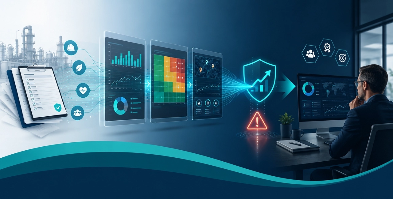 Conceptual image showing how incident reports and QHSE data are transformed into early warning signals for management decisions