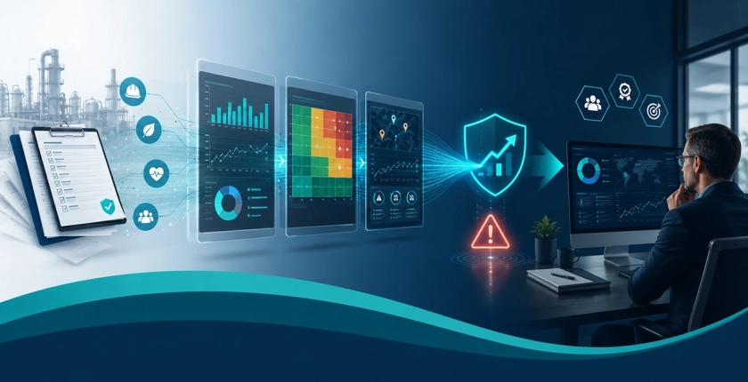 Conceptual image showing how incident reports and QHSE data are transformed into early warning signals for management decisions